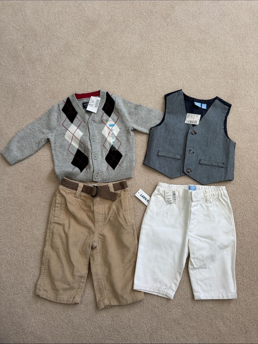 The Children's Place Gray Argyle Cardigan & Vest Outfit with Tan and White Pants